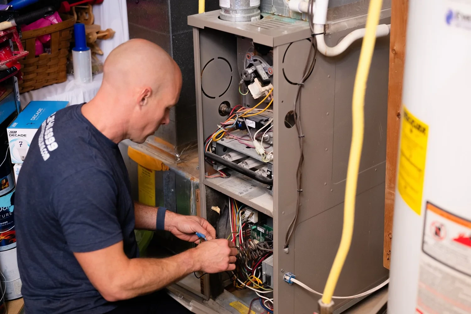 Jim Higgins wiring a furnace during a heating installation