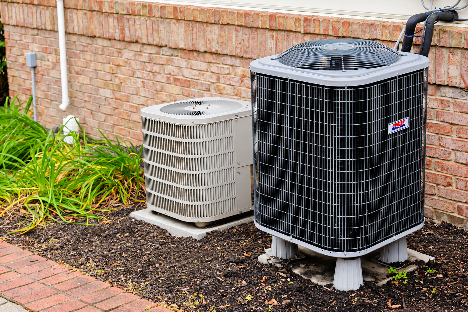 Two outdoor condensing units on pads beside a brick house