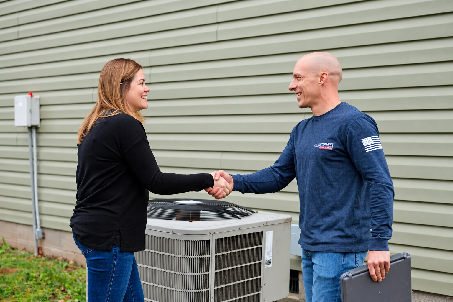 Jim shaking hands with a homeowner beside an outdoor air conditioning unit