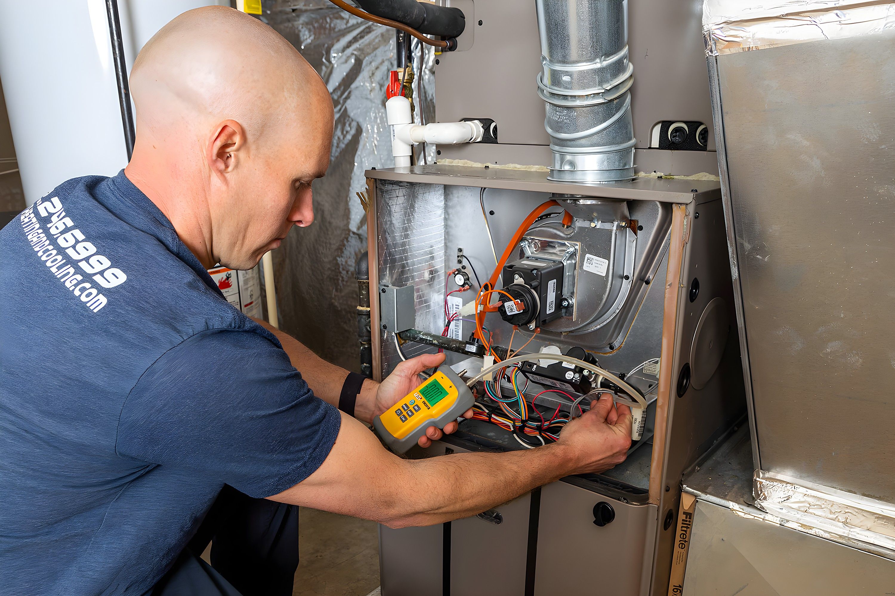 Jim Higgins testing a furnace with a meter during a heating repair
